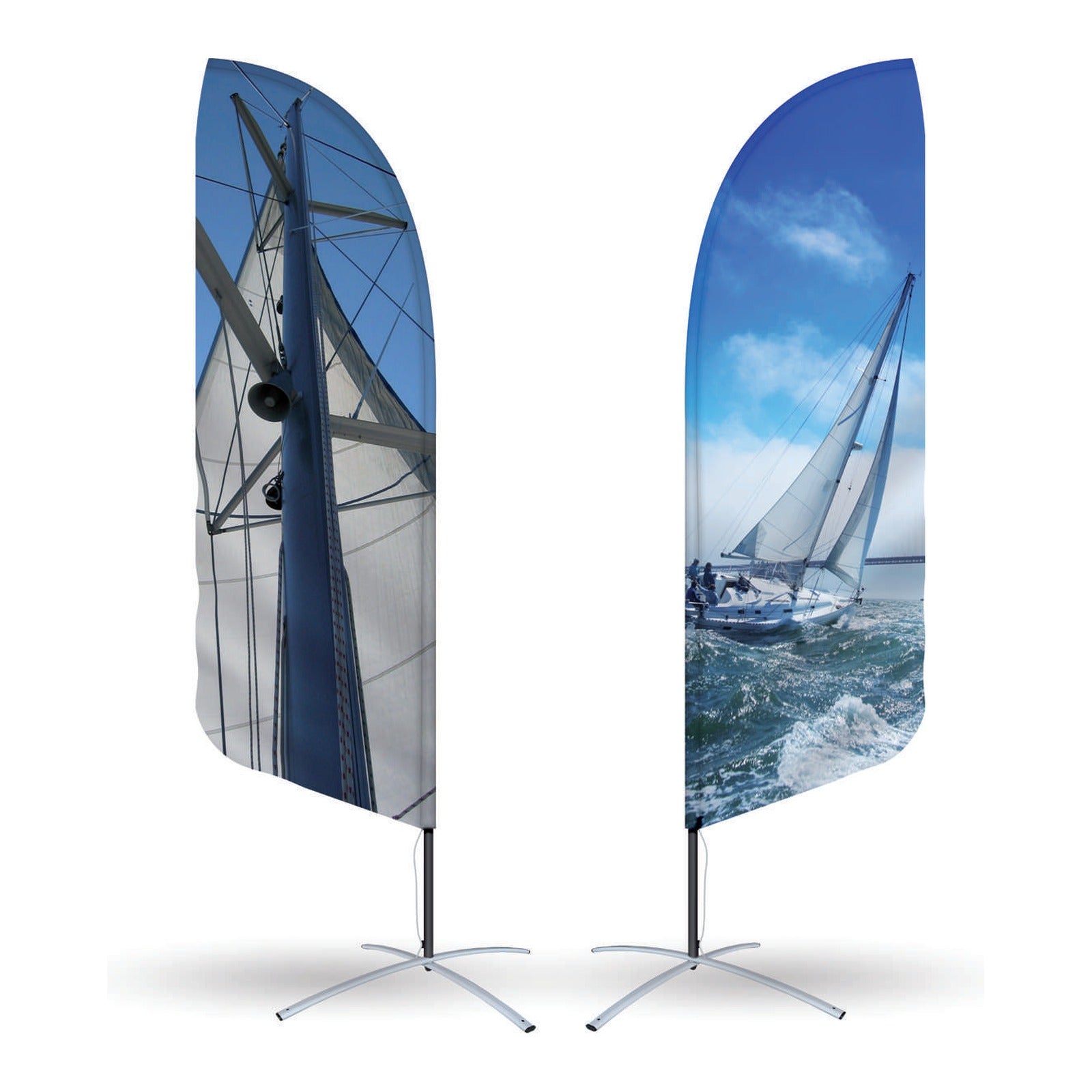Beachflag met eigen ontwerp, druppel- en veervorm, op kruisvoet