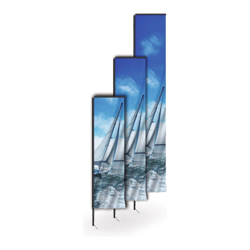 Rechthoekige beachflags in drie maten met eigen ontwerp