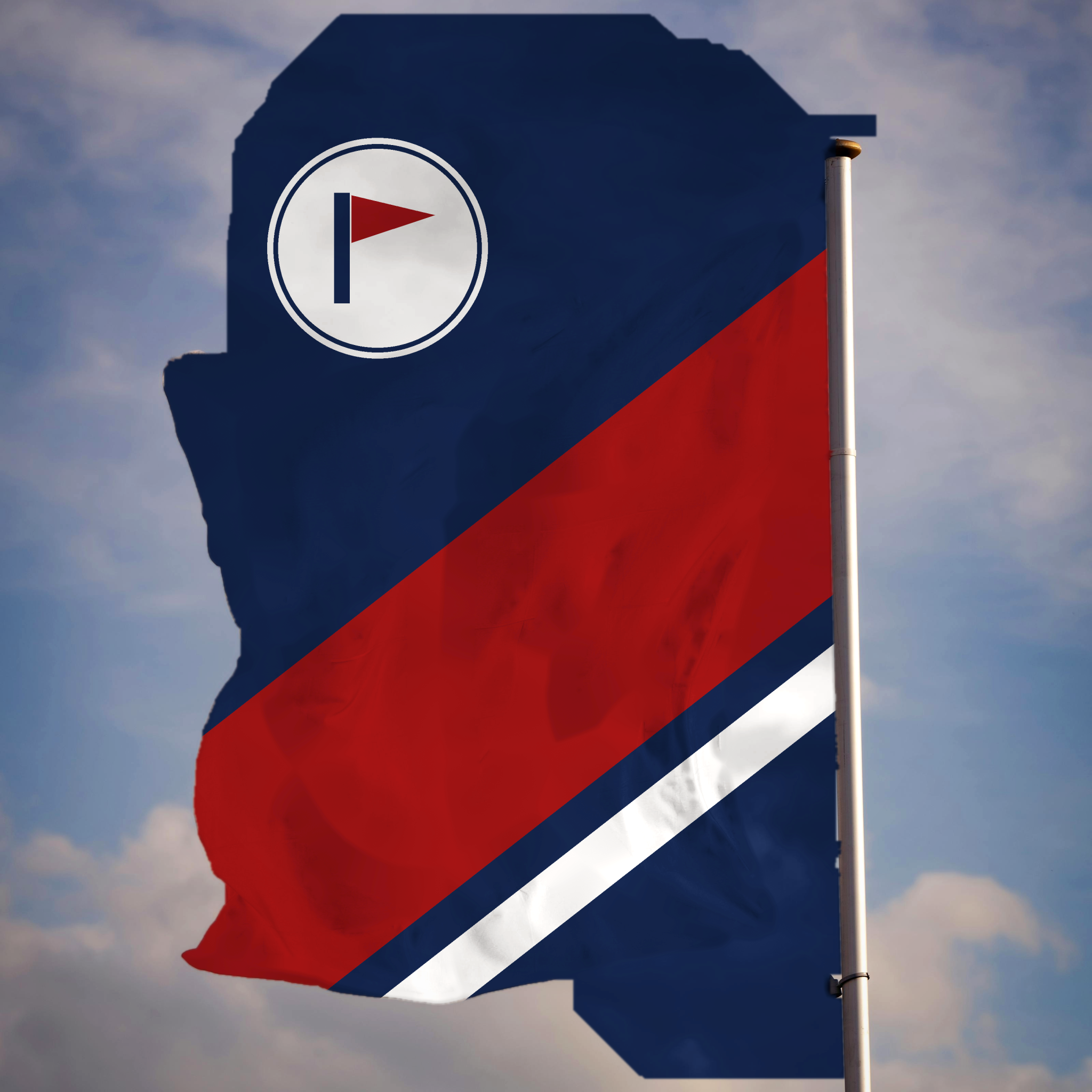 Custom gevelvlag met eigen ontwerp wapperend aan een vlaggenmast