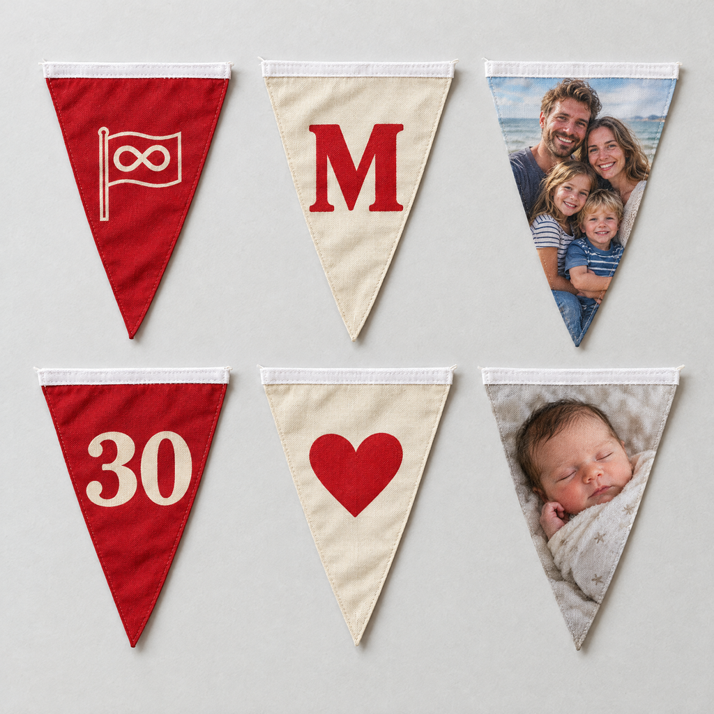 Losse vlaggetjes van de vlaggenlijn: een logo, de letter M, een gezinsfoto, het cijfer 30, een hartje en een babyfoto