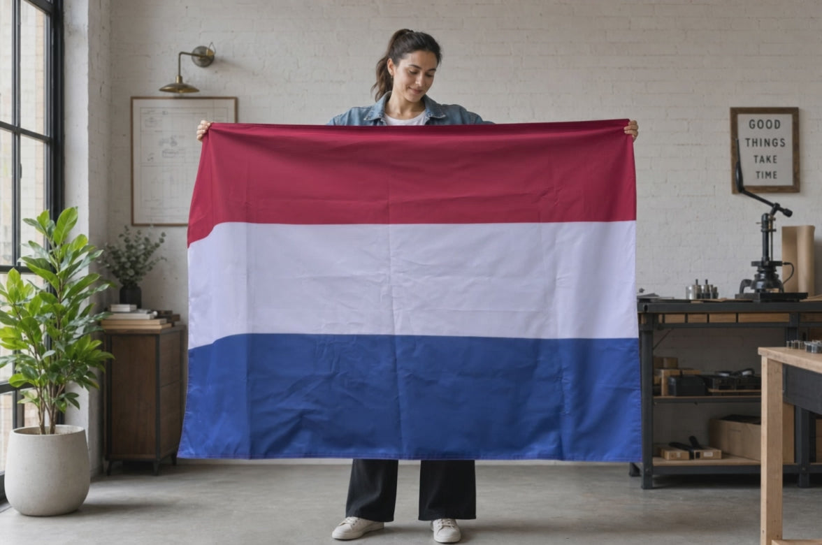 Dubbelzijdig bedrukte gevelvlag — de vlag wordt omgedraaid en toont op de achterzijde een andere print