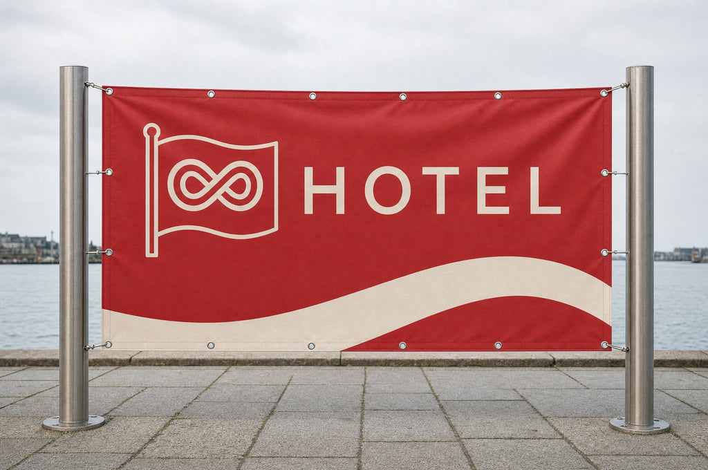 Spandoek met eigen ontwerp, strak gespannen tussen twee stalen palen met zeilringen rondom